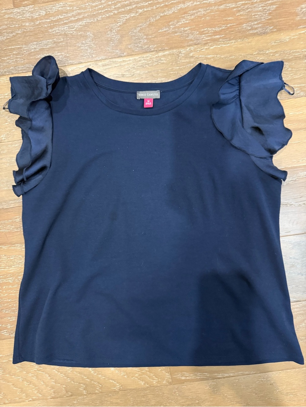 Vince Camuto Navy Short-Sleeve Crewneck Top with Ruffle Sleeves